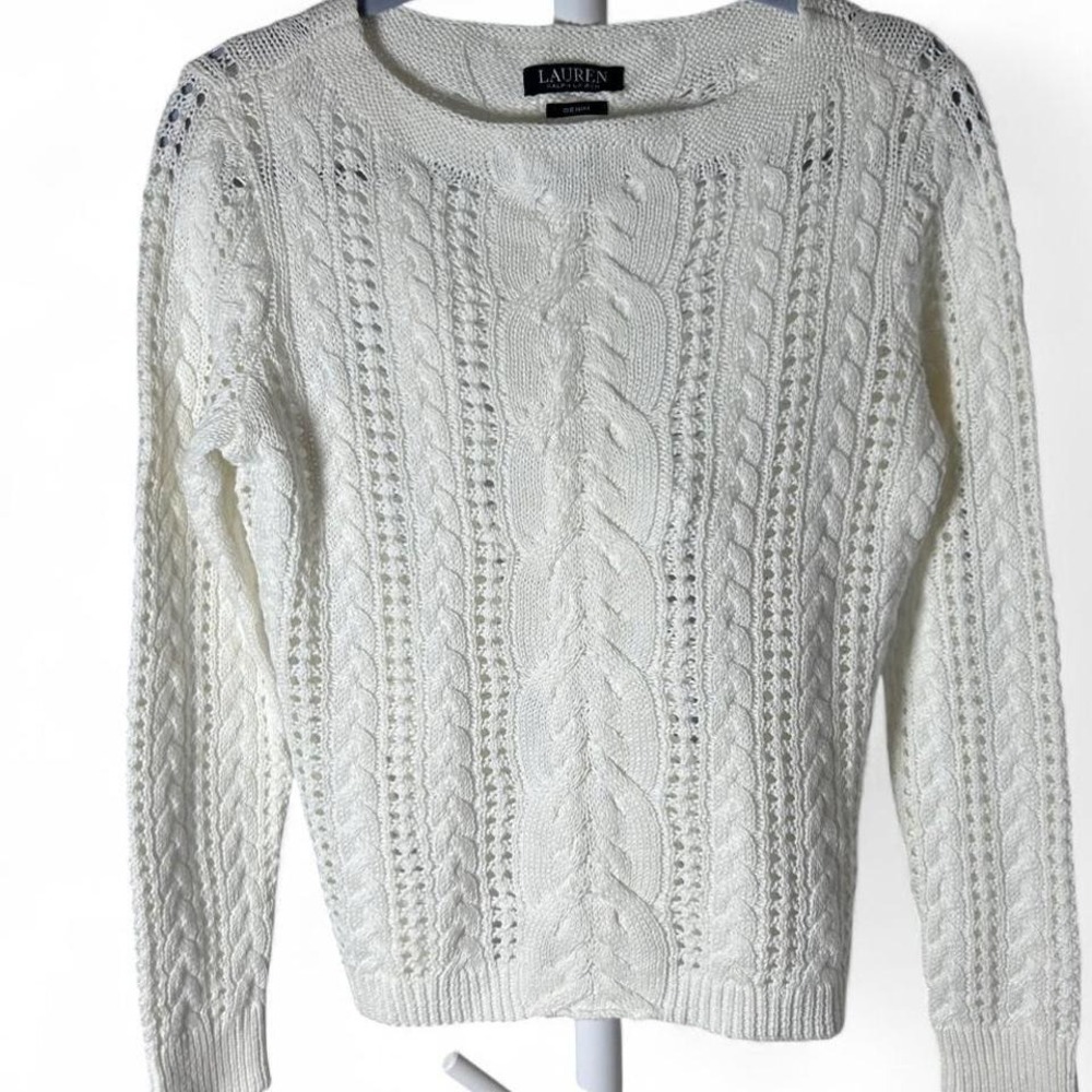 Lauren Ralph Lauren Cable Knit Boat Neck Cotton Sweater Womens M Preppy Yacht - Picture 2 of 4